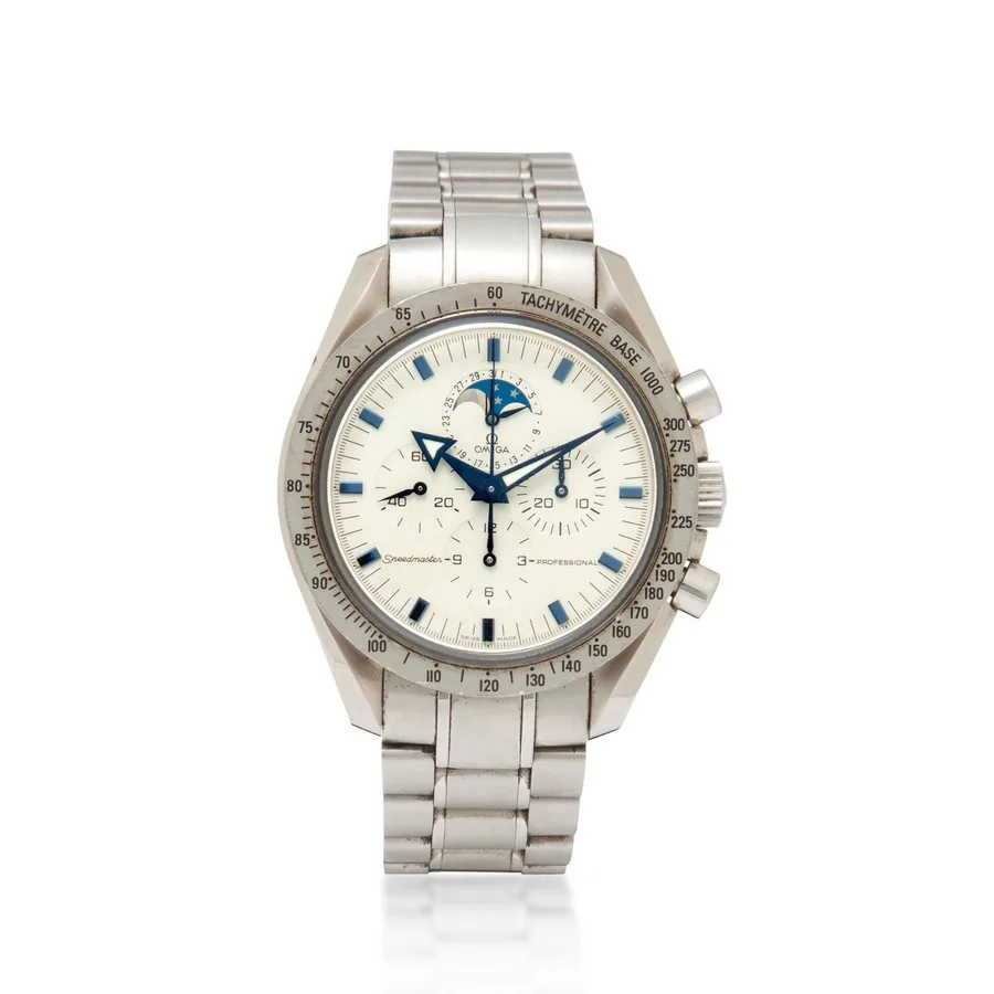 Omega. A stainless steel chronograph wristwatch with date and moon phase with braceletSpeedmaster Professional, Ref: 35752000, No. 77096149
