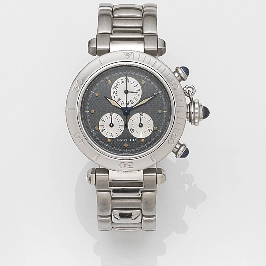 Cartier. A stainless steel quartz calendar chronograph bracelet watchPasha, Ref:1352, Case No.CC405230, Movement No.9657018, Circa 1990