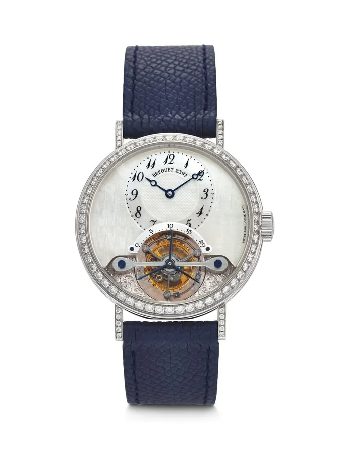 BREGUET. AN IMPRESSIVE 18K WHITE GOLD AND DIAMOND-SET TOURBILLON WRISTWATCH WITH MOTHER OF PEARL DIAL SIGNED BREGUET, CLASSIQUE TOURBILLON MODEL, REF. 3358, CASE NO. 2397L, CIRCA 2004