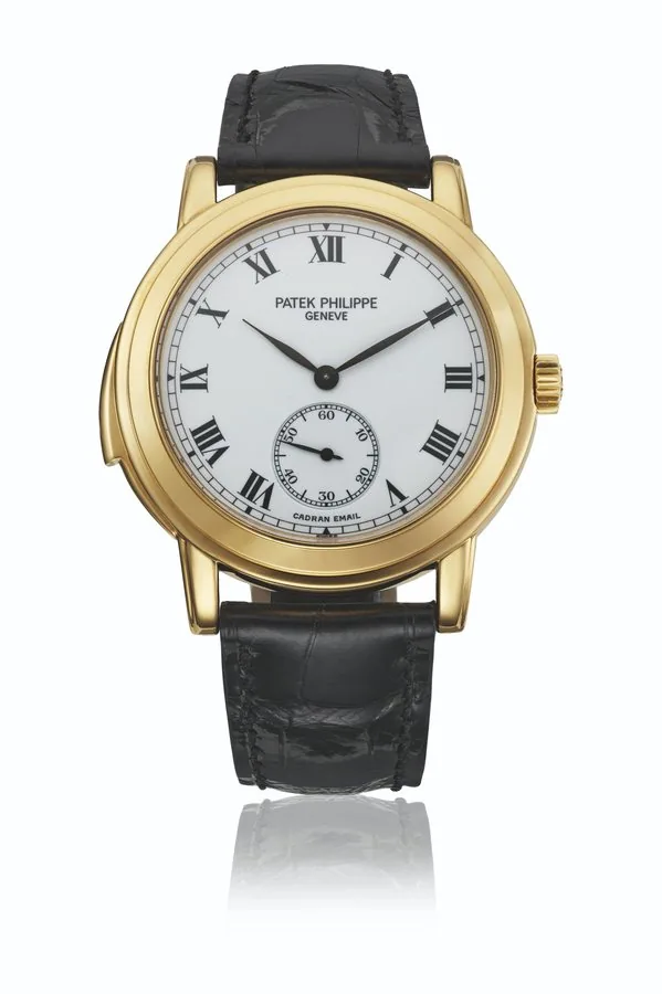 PATEK PHILIPPE. AN EXTREMELY RARE 18K GOLD AUTOMATIC "CATHEDRAL" MINUTE REPEATING WRISTWATCH WITH ENAMEL DIAL AND BOX SIGNED PATEK PHILIPPE, GENEVE, REF. 5079, MANUFACTURED IN 2002