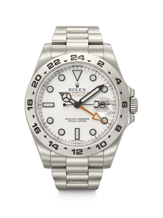 ROLEX. A VERY RARE AND IMPORTANT STAINLESS STEEL DUAL TIME WRISTWATCH WITH SWEEP CENTRE SECONDS, DATE AND BRACELET, MADE FOR THE BRITISH SPECIAL AIR SERVICE EXPLORER II MODEL, REF. 216570, CASE NO. 3229V901, CIRCA 2012