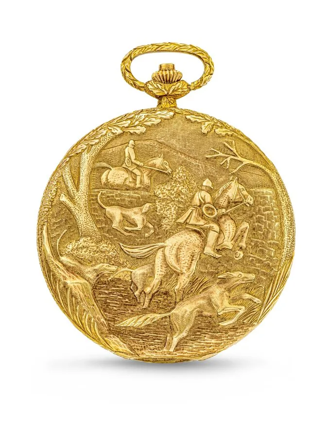 PATEK PHILIPPE. A UNIQUE AND EXCEPTIONAL 18K GOLD POCKET WATCH WITH DIPTYCH DEPICTING A HUNTING SCENE REF. 865⁄26, MOVEMENT NO. 932'455, CASE NO. 520'974, MANUFACTURED IN 1975