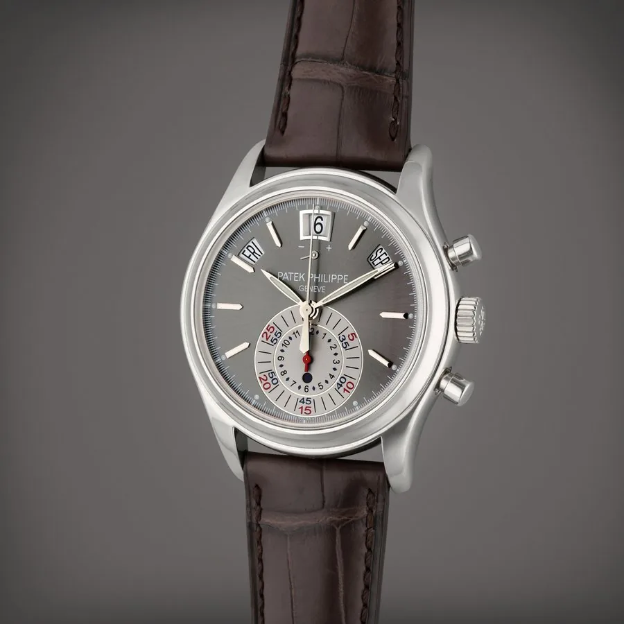 Reference 5960P | A platinum automatic annual calendar flyback chronograph wristwatch with power reserve and day/night indication, Made in 2011