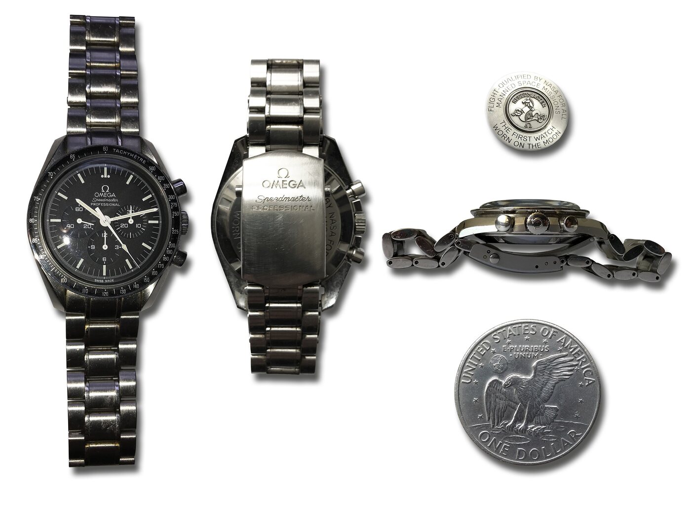 An Omega Speedmaster shown disassembled into case, bracelet and movement components