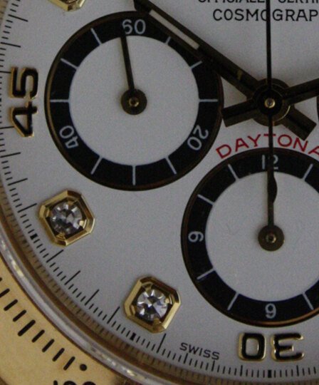 Close view of the chronograph sub-dials on a Rolex Daytona