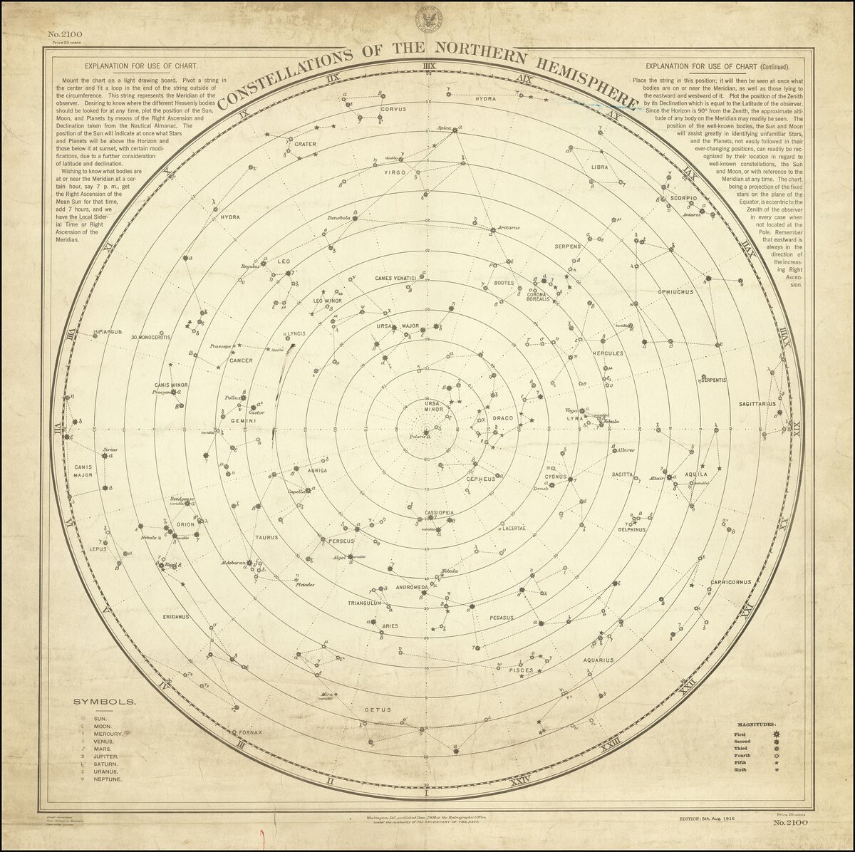 A 1916 navigational celestial chart of the northern skies
