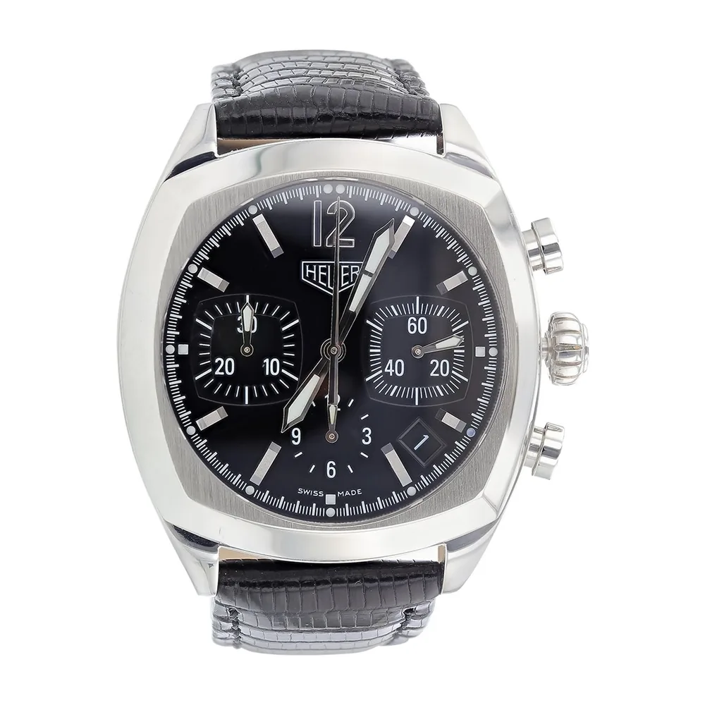 Preowned 38mm Tag Heuer Monza Watch with Black Dial in Stainless Steel, Strap Ref. 210000515303