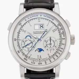 A. Lange & Söhne A. Lange & Söhne DatographReference 410.025e Datograph Perpetual | A Platinum Perpetual Calendar Flyback Chronograph Wristwatch With Digital Date Display Moon Phases Leap Year And Day/night Indication Circa 2007
