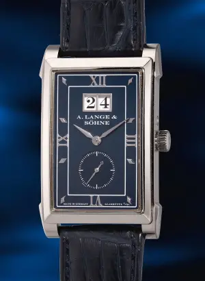A. Lange & Söhne A. Lange & Söhne
A highly attractive and elegant white gold rectangular-shaped wristwatch with oversized-date, small seconds, guarantee and presentation box