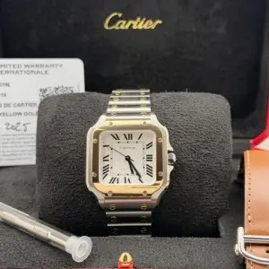 Cartier Cartier Santos2025 Cartier Santos Medium W2SA0016 35mm Silver Dial 18k Gold Steel Box Paper