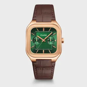 Cluse Quadrus Multifunction Watch Leather, Green, Rose Gold Colour