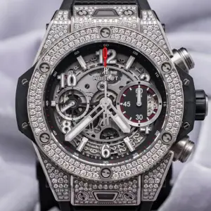 Hublot HublotTitanium Pave 42 mm Diamonds $35K MSRP Complete Automatic Rubber Deploy In-House Movement