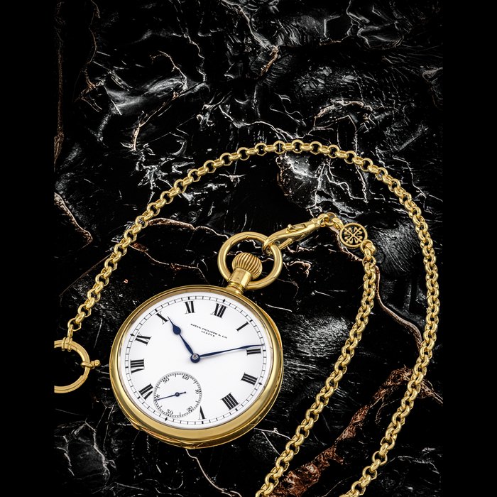 PATEK PHILIPPE. A RARE 18K GOLD POCKET WATCH WITH ENAMEL DIAL AND 18K GOLD CHAIN MOVEMENT NO. 164’069, CASE NO. 500’325
