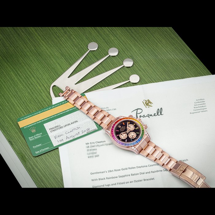 ROLEX. A SPECIAL 18K PINK GOLD, DIAMOND AND RAINBOW-COLOURED MULTI GEM-SET AUTOMATIC CHRONOGRAPH WRISTWATCH WITH BRACELET, PREVIOUSLY OWNED BY MR. ERIC CLAPTON DAYTONA “RAINBOW” MODEL, REF. 116595RBOW, CASE NO. P399Z863, CIRCA 2018