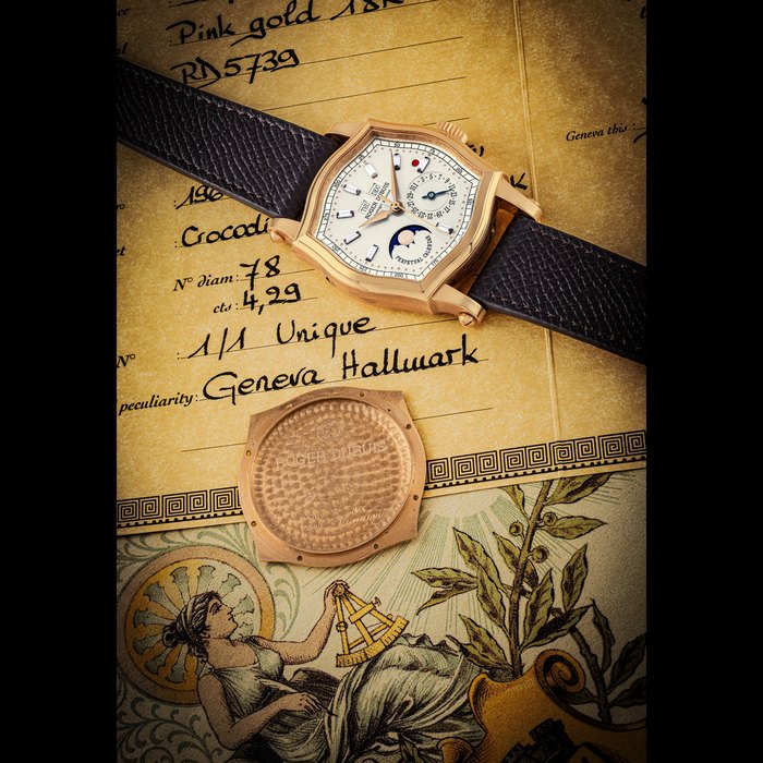 ROGER DUBUIS. A UNIQUE 18K PINK GOLD AND BAGUETTE-CUT DIAMOND-SET AUTOMATIC PERPETUAL CALENDAR WRISTWATCH WITH MOON PHASES AND LEAP YEAR INDICATION SYMPATHIE MODEL, MOVEMENT NO. 83, CIRCA 1998