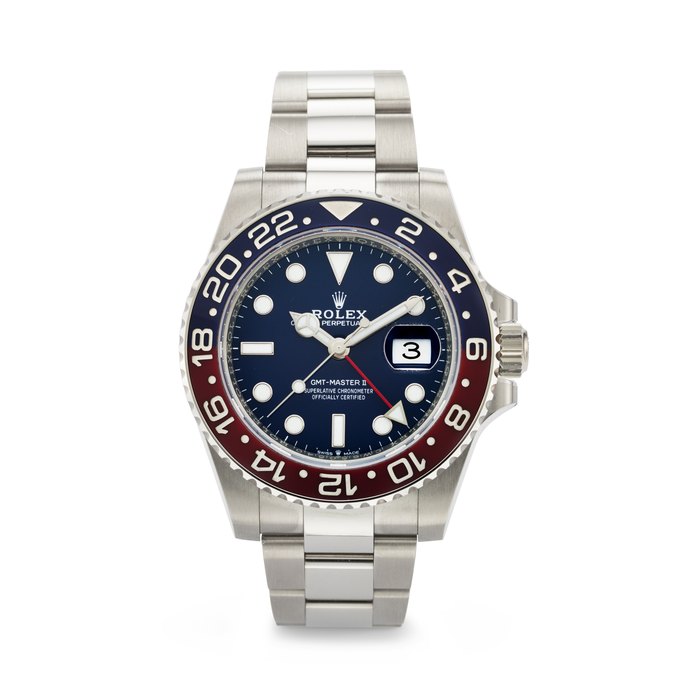 ROLEX. AN ATTRACTIVE AND HEAVY 18K WHITE GOLD AUTOMATIC DUAL TIME WRISTWATCH WITH SWEEP CENTER SECONDS, DATE, AND BRACELET SIGNED ROLEX, GMT-MASTER II MODEL, REF. 126719BLRO, CIRCA 2022