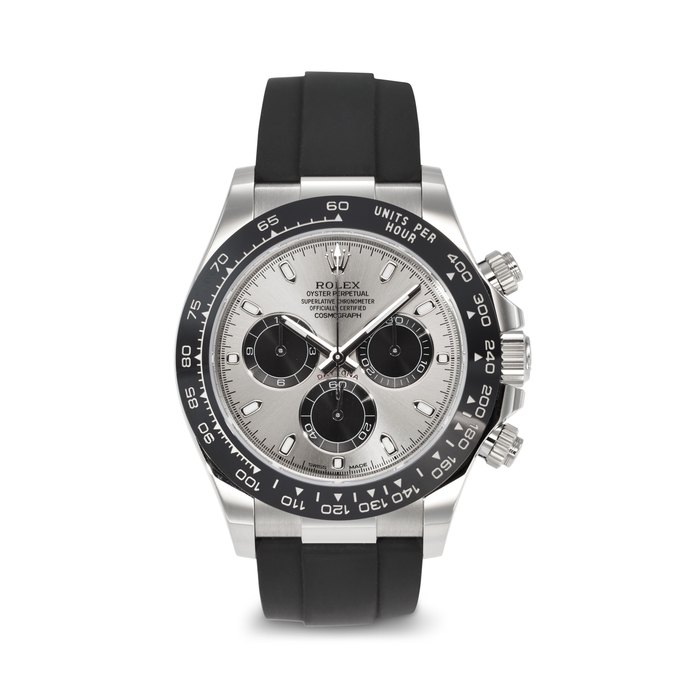 ROLEX. AN ATTRACTIVE AND SPORTY 18K WHITE GOLD AUTOMATIC CHRONOGRAPH WRISTWATCH SIGNED ROLEX, DAYTONA MODEL, REF. 116519LN, CASE NO. H6812453, CIRCA 2018