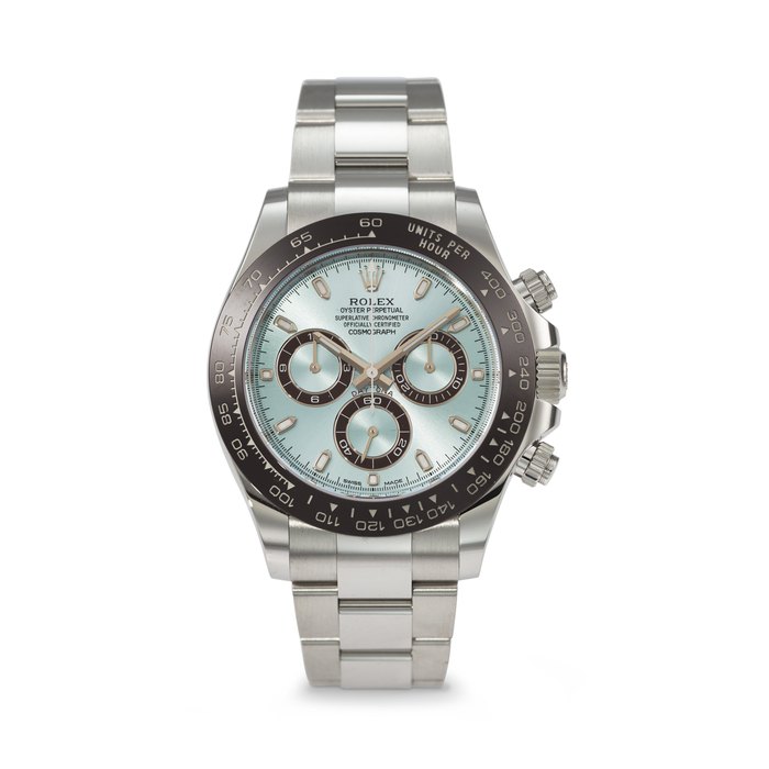 ROLEX. AN IMPRESSIVE AND HEAVY PLATINUM AUTOMATIC CHRONOGRAPH WRISTWATCH WITH BRACELET SIGNED ROLEX, DAYTONA MODEL, REF. 116506, CASE NO. 06D24466, CIRCA 2020