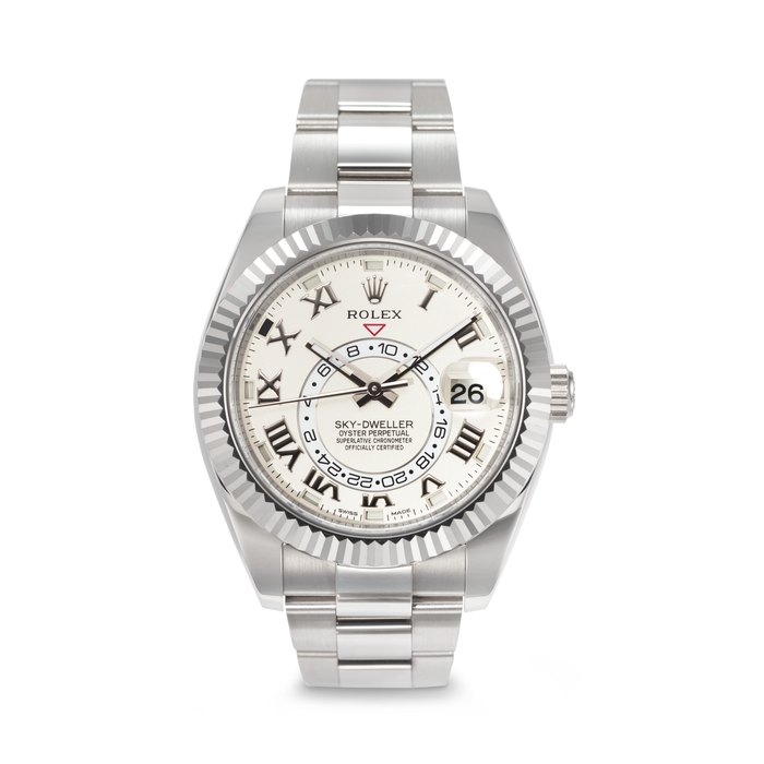 ROLEX. AN ATTRACTIVE 18K WHITE GOLD AUTOMATIC ANNUAL CALENDAR DUAL TIME WRISTWATCH WITH SWEEP CENTRE SECONDS AND BRACELET SIGNED ROLEX, SKY-DWELLER MODEL, REF. 326939, CASE NO. 639M5167, CIRCA 2018