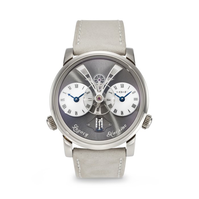 MB&F, JEAN-FRANÇOIS MOJON & KARI VOUTILAINEN . A RARE AND UNUSUAL 18K WHITE GOLD DUAL TIME WRISTWATCH WITH POWER RESERVE AND SUSPENDED BALANCE SIGNED MB&F, JEAN-FRANÇOIS MOJON & KARI VOUTILAINEN, LEGACY MACHINE 1 MODEL, REF. 01.WL.W, CASE NO. 50W24902, CIRCA 2012