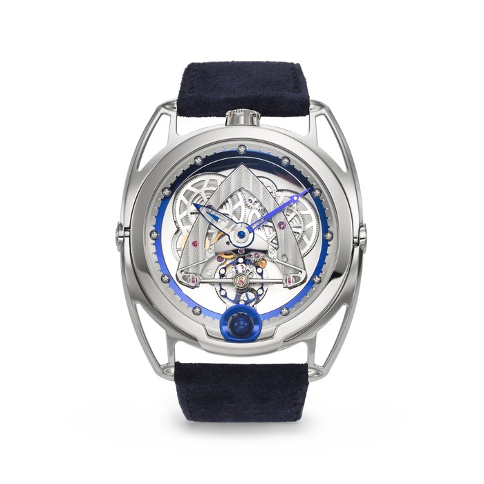 DE BETHUNE. A VERY RARE AND IMPRESSIVE MIRROR-POLISHED TITANIUM LIMITED EDITION SEMI-SKELETONIZED LIGHTWEIGHT WRISTWATCH WITH THREE-DIMENSIONAL SPHERICAL MOON PHASE, POWER RESERVE AND ‘FLOATING LUGS’ SIGNED DE BETHUNE, REF. DB28SWTIS1PN, 'STEEL WHEELS' MODEL, NO. 22/25, CIRCA 2018