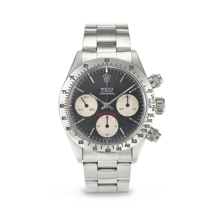 ROLEX. AN ATTRACTIVE STAINLESS STEEL CHRONOGRAPH WRISTWATCH WITH BRACELET SIGNED ROLEX, DAYTONA 'BIG RED' MODEL, REF. 6265, CASE NO. 5'528'902, CIRCA 1978