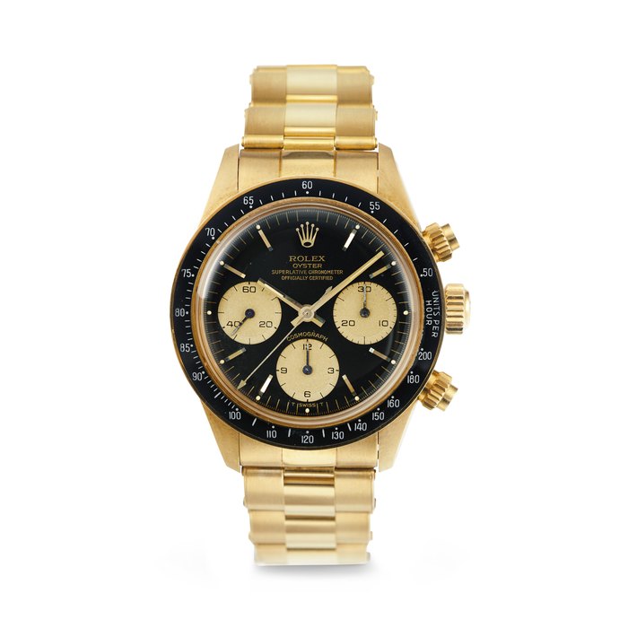 ROLEX. A SUPREMELY WELL-PRESERVED AND HIGHLY ATTRACTIVE 18K GOLD CHRONOGRAPH WRISTWATCH WITH BRACELET SIGNED ROLEX, DAYTONA MODEL, REF. 6263, CASE NO. 6'018'946, CIRCA 1979