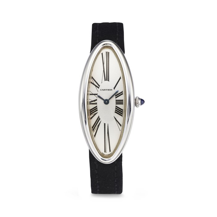 CARTIER. AN ATTRACTIVE 18K WHITE GOLD CURVED WRISTWATCH SIGNED CARTIER, BAIGNOIRE ALLONGÉE MODEL, REF. 2514, CASE NO. 120'561 AF, CIRCA 2002