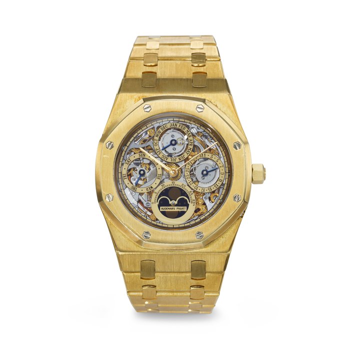 AUDEMARS PIGUET. A VERY RARE AND ATTRACTIVE 18K GOLD AUTOMATIC SKELETONIZED PERPETUAL CALENDAR WRISTWATCH WITH MOON PHASES AND BRACELET SIGNED AUDEMARS PIGUET, ROYAL OAK QUANTIEME PERPETUAL MODEL, REF. 25636BA, CASE NO. D63105, NO. 201, CIRCA 1996