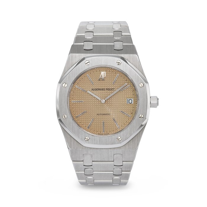 AUDEMARS PIGUET. A VERY RARE AND ATTRACTIVE STAINLESS STEEL AUTOMATIC WRISTWATCH WITH DATE, PINK DIAL AND BRACELET, MADE TO COMMEMORATE THE 20TH ANNIVERSARY OF THE ROYAL OAK SIGNED AUDEMARS PIGUET, ROYAL OAK JUBILEE MODEL, REF. 14802ST, CASE NO. D-12402, NO. 188, CIRCA 1995
