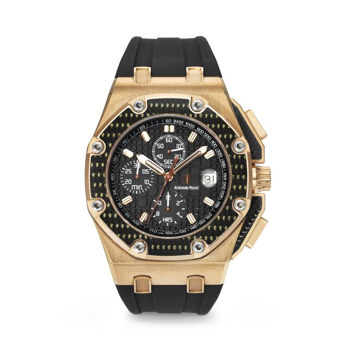 AUDEMARS PIGUET. A RARE AND IMPRESSIVE 18K PINK GOLD AND CARBON FIBER LIMITED EDITION AUTOMATIC CHRONOGRAPH WRISTWATCH WITH DATE SIGNED AUDEMARS PIGUET, ROYAL OAK OFFSHORE JUAN PABLO MONTOYA MODEL, REF. 26030RO, CASE NO. F25230, NO. 484/500, CIRCA 2006