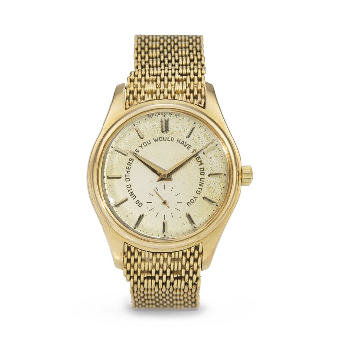 PATEK PHILIPPE. A HISTORICALLY IMPORTANT AND EXTREMELY RARE 18K GOLD AUTOMATIC WRISTWATCH WITH 'GOLDEN RULE' DIAL AND BRACELET, MADE BY TIFFANY & CO. FOR U.S. PRESIDENT LYNDON B. JOHNSON SIGNED PATEK PHILIPPE, RETAILED BY TIFFANY & CO., 'DUO' MODEL, REF. 2526, MOVEMENT NO. 682'115, CASE NO. 760'628, MANUFACTURED IN 1954