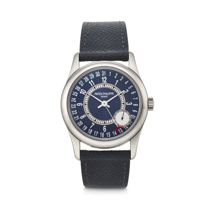 PATEK PHILIPPE. AN ATTRACTIVE AND ELEGANT 18K WHITE GOLD AUTOMATIC WRISTWATCH WITH DATE AND BLUE DIAL SIGNED PATEK PHILIPPE, CALATRAVA MODEL, REF. 6000G-012, MOVEMENT NO. 5'881'413, CASE NO. 6'046'309, CIRCA 2015