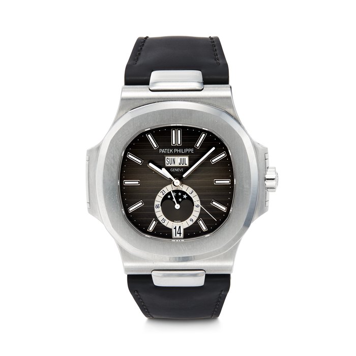 PATEK PHILIPPE. AN ATTRACTIVE STAINLESS STEEL AUTOMATIC ANNUAL CALENDAR WRISTWATCH WITH SWEEP CENTRE SECONDS, MOON PHASES AND 24-HOUR INDICATION SIGNED PATEK PHILIPPE, NAUTILUS MODEL, REF. 5726A-001, MOVEMENT NO. 7'300'388, CASE NO. 6'343'779, CIRCA 2020
