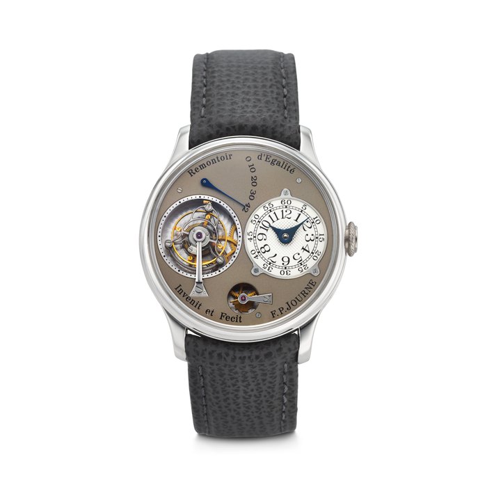 F.P F.P. JOURNE. AN EXTREMELY RARE AND EARLY PLATINUM TOURBILLON WRISTWATCH WITH POWER RESERVE, REMONTOIR D’EGALITÉ, AND BRASS MOVEMENT SIGNED F.P. JOURNE, TOURBILLON REMONTOIR D'EGALITE MODEL, REF. T, NO. 041/99T, CIRCA 1999, Price & Market Data