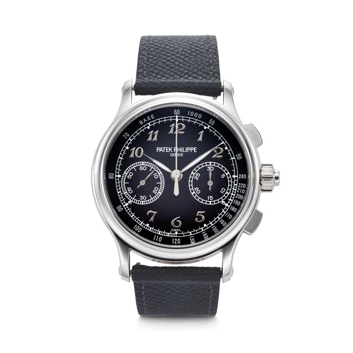 PATEK PHILIPPE. A RARE AND IMPRESSIVE SPLIT-SECONDS CHRONORAPH WRISTWATCH WITH BLACK ENAMEL DIAL AND BREGUET NUMERALS SIGNED PATEK PHILIPPE, REF. 5370P-001, MOVEMENT NO. 5'254'026, CASE NO. 6'253'673, CIRCA 2018