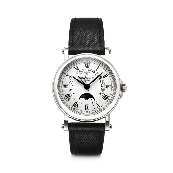 PATEK PHILIPPE. A RARE AND ELEGANT PLATINUM AUTOMATIC PERPETUAL CALENDAR WRISTWATCH WITH SWEEP CENTRE SECONDS, RETROGRADE DATE, MOON PHASES AND LEAP YEAR INDICATION SIGNED PATEK PHILIPPE, REF. 5059P-001, MOVEMENT NO. 3'235'894, CASE NO. 4'202'069, CIRCA 2003