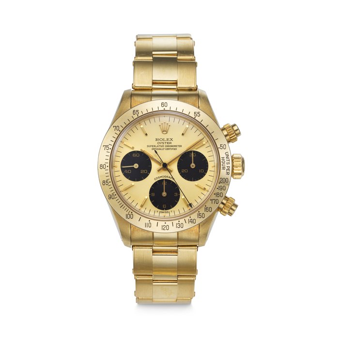 ROLEX. A SUPREMELY WELL-PRESERVED AND HIGHLY ATTRACTIVE 18K GOLD CHRONOGRAPH WRISTWATCH WITH BRACELET SIGNED ROLEX, DAYTONA MODEL, REF. 6265, CASE NO. 6'121'121, CIRCA 1979