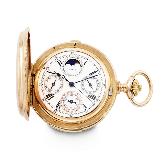 PATEK PHILIPPE. A VERY RARE AND ATTRACTIVE 18K GOLD HUNTER-CASED MINUTE REPEATING PERPETUAL CALENDAR CHRONOGRAPH KEYLESS LEVER WATCH WITH MOON PHASES SIGNED PATEK PHILIPPE & CIE., MOVEMENT NO. 97'476, CASE NO. 218'642, MANUFACTURED IN 1894