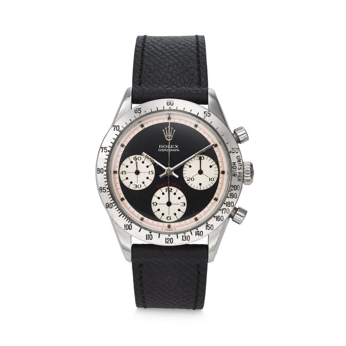 Rolex ROLEX. A VERY RARE AND ATTRACTIVE STAINLESS STEEL CHRONOGRAPH WRISTWATCH WITH 'PAUL NEWMAN' DIAL SIGNED ROLEX, DAYTONA 'PAUL NEWMAN' MODEL, REF. 6239, CASE NO. 1'874'264, CIRCA 1968 · 6239