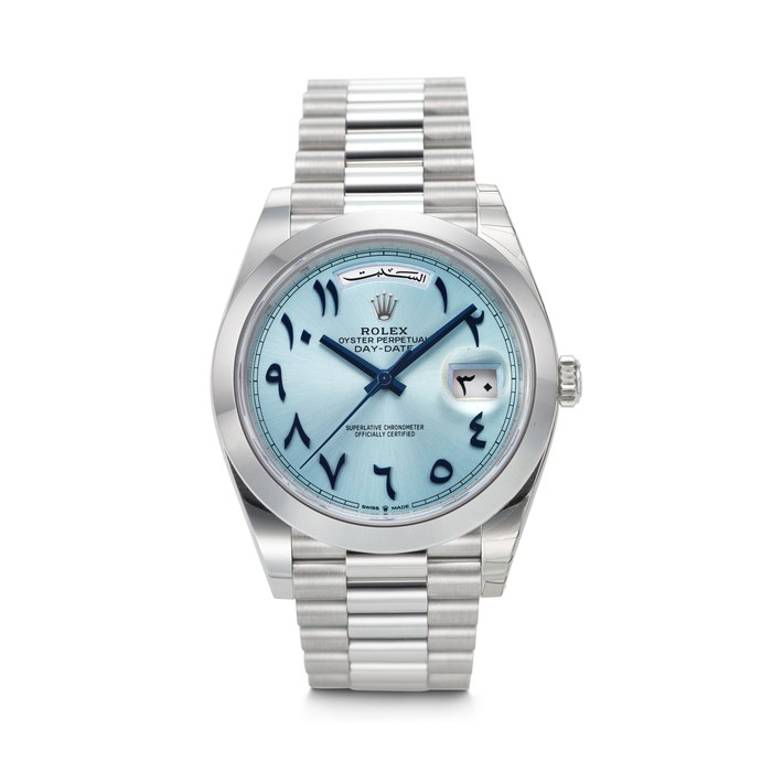 ROLEX. AN EXTREMELY RARE AND ATTRACTIVE PLATINUM AUTOMATIC WRISTWATCH WITH SWEEP CENTRED SECONDS, ARABIC CALENDAR, EASTERN ARABIC NUMERALS AND BRACELET SIGNED ROLEX, DAY-DATE MODEL, REF. 228206, CASE NO. 79Y787X0, CIRCA 2022