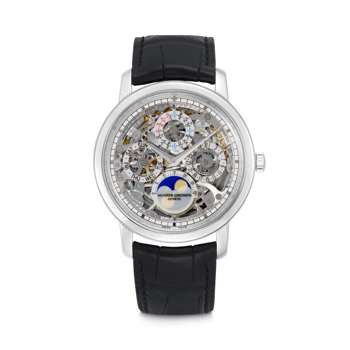 VACHERON CONSTANTIN. A PLATINUM AUTOMATIC SKELETONISED PERPETUAL CALENDAR WRISTWATCH WITH LEAP YEAR INDICATION AND MOON PHASES PATRIMONY TRADITIONELLE OPENWORKED PERPETUAL CALENDAR MODEL, REF. 43172, CASE NO. 1’179’968, CIRCA 2012
