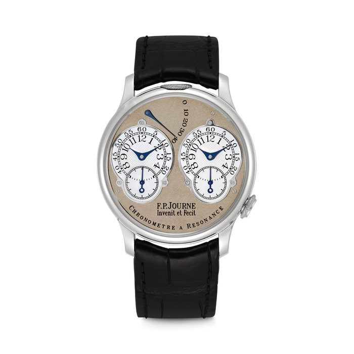 F.P.JOURNE. A VERY RARE AND DISTINGUISHED PLATINUM DUAL TIME WRISTWATCH WITH RESONANCE-CONTROLLED TWIN INDEPENDENT GEAR-TRAIN MOVEMENT AND POWER RESERVE CHRONOMÈTRE À RÉSONANCE MODEL, CASE NO. 276-02R