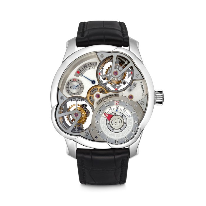 Greubel Forsey GREUBEL FORSEY. AN EXTREMELY RARE AND MAGNIFICENT PLATINUM LIMITED EDITION ASYMMETRICAL WRISTWATCH WITH DIFFERENTIAL QUADRUPLE TOURBILLON, POWER RESERVE AND WANDERING MINUTES INVENTION PIECE 2 MODEL, NO. 1⁄11, CASE NO. 02 303, Price & Market Data