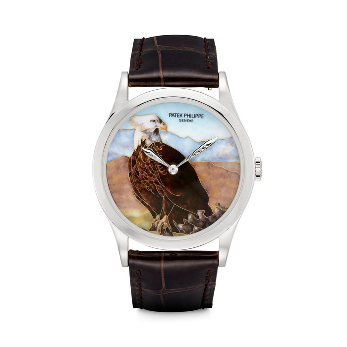 PATEK PHILIPPE. AN ATTRACTIVE AND RARE PLATINUM AUTOMATIC WRISTWATCH WITH CLOISONNÉ ENAMEL DIAL DEPICTING AN AMERICAN EAGLE BY ANITA PORCHET REF. 5077P-031, MOVEMENT NO. 5’532’077, CASE NO. 4’464’407, CIRCA 2010