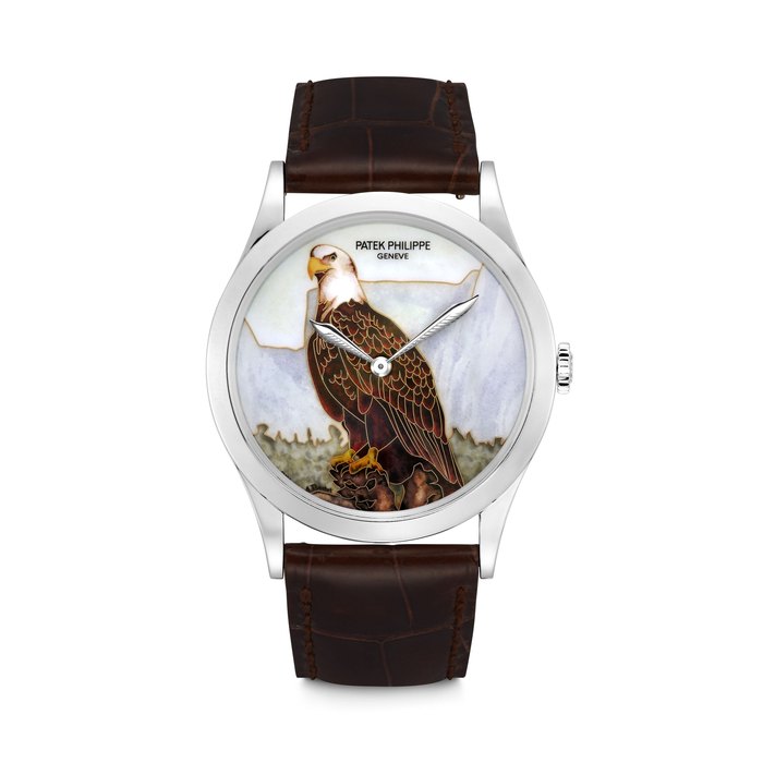 PATEK PHILIPPE. AN ATTRACTIVE AND RARE PLATINUM AUTOMATIC WRISTWATCH WITH CLOISONNÉ ENAMEL DIAL DEPICTING AN AMERICAN EAGLE BY ANITA PORCHET REF. 5077P-032, MOVEMENT NO. 5’532’050, CASE NO. 4’464’427, CIRCA 2010