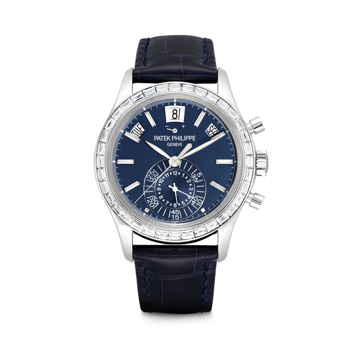 PATEK PHILIPPE. A PLATINUM AND BAGUETTE-CUT DIAMOND-SET AUTOMATIC ANNUAL CALENDAR FLYBACK CHRONOGRAPH WRISTWATCH WITH POWER RESERVE AND DAY/NIGHT INDICATION REF. 5961P-001, MOVEMENT NO. 7’464’614, CASE NO. 6’496’183, CIRCA 2023
