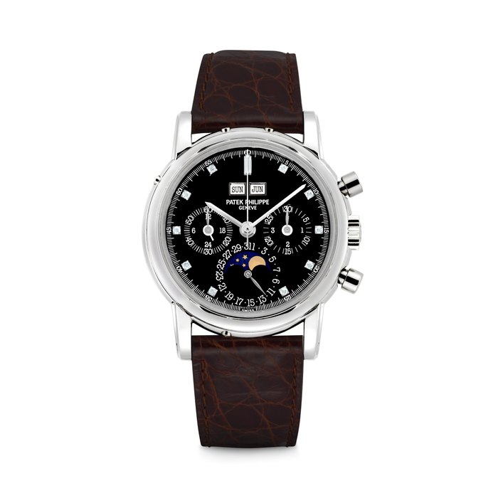 PATEK PHILIPPE. A RARE AND ELEGANT PLATINUM AND DIAMOND-SET PERPETUAL CALENDAR CHRONOGRAPH WRISTWATCH WITH MOON PHASES, 24 HOURS AND LEAP YEAR INDICATION REF. 3970EP, “THIRD SERIES”, MOVEMENT NO. 875’995, CASE NO. 2’900’981, CIRCA 1992