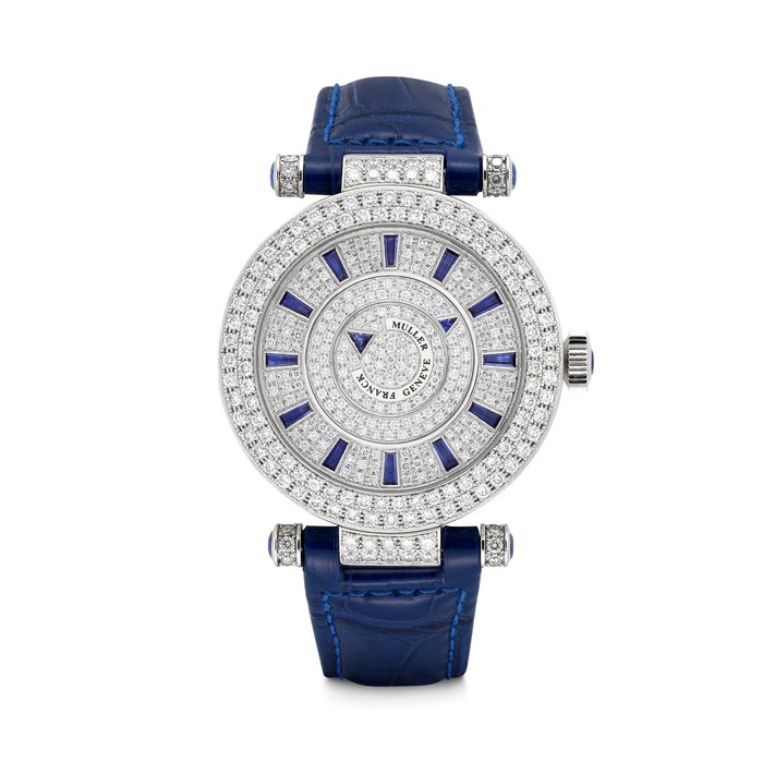 FRANCK MULLER. AN 18K WHITE GOLD, DIAMOND AND SAPPHIRE-SET AUTOMATIC WRISTWATCH DOUBLE MYSTERY MODEL, REF. DBL MYST D CD 39, CASE NO. 121