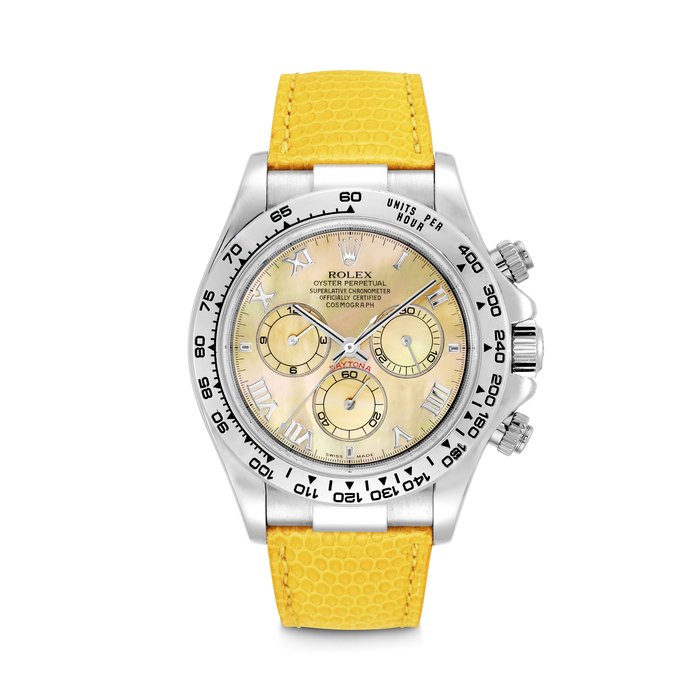 ROLEX. AN ATTRACTIVE 18K WHITE GOLD AUTOMATIC CHRONOGRAPH WRISTWATCH WITH YELLOW MOTHER-OF-PEARL DIAL DAYTONA “BEACH” MODEL, REF. 116519, CASE NO. K397011, CIRCA 2009